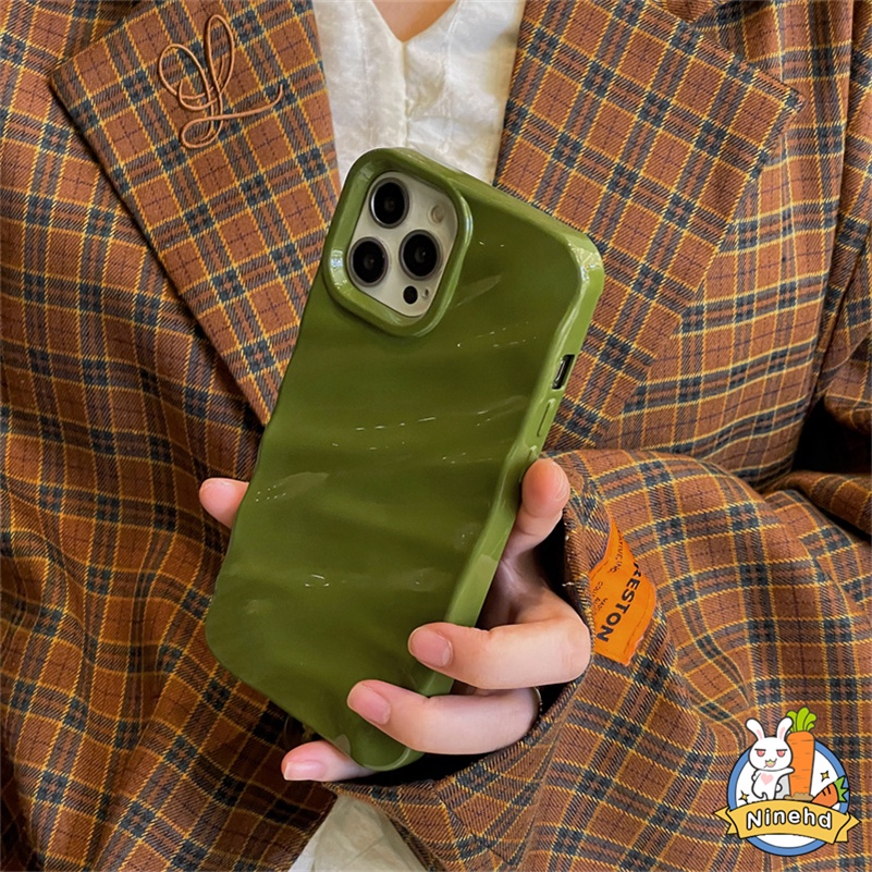 Simple Ins Premium Avocado Green 3D Lipit Gelombang iPhone Case Kompatibel Untuk Iphone14 13 12 11 Pro Max X Xr Xs Max8 7 6 6s Plus SE 2020karet Shockproof Phone Case Soft TPU Cover