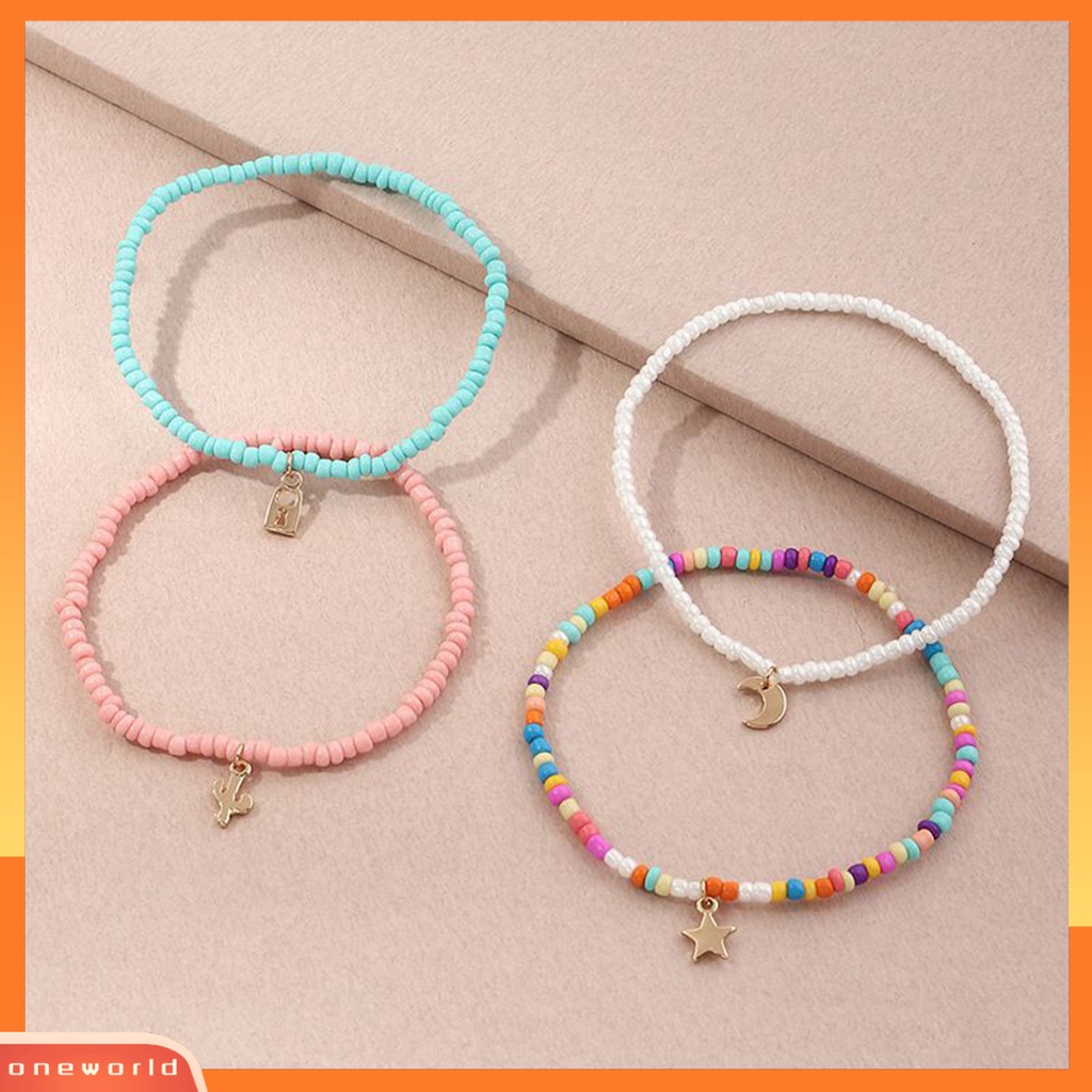 [WOD] 4 Pcs Rantai Kaki Warna Vibrant Indah Liontin Eye-catching Warna-Warni Wanita Manik-Manik Elastis Gelang Kaki Perhiasan Hadiah Ulang Tahun