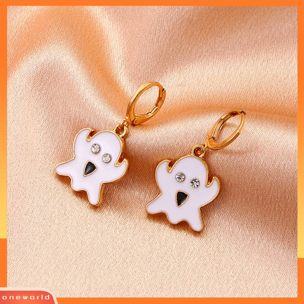 [WOD] 1pasang Liontin Hantu Halloween Anting Warna Permen Paduan Berlian Imitasi Wanita Enamel Anting Pesta Perhiasan