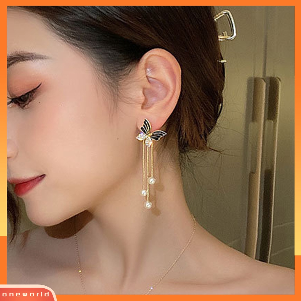 [WOD] 1pasang Anting Menjuntai Mutiara Imitasi Rumbai Berlian Imitasi Mengkilap Bertatahkan Temperamen Semua Pertandingan Perhiasan Hadiah Multi-Wear Wanita Fashion Kupu-Kupu Studs Earrings Untuk Pakaian Sehari-Hari