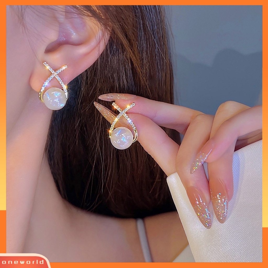 [WOD] 1pasang Anting Stud Desain Salib Temperamen Berlian Imitasi Mengkilap Berkilau Semua Pertandingan Dekorasi Hadiah Ulang Tahun Wanita Mutiara Imitasi Ear Studs Perhiasan Pernikahan Untuk Perjamuan