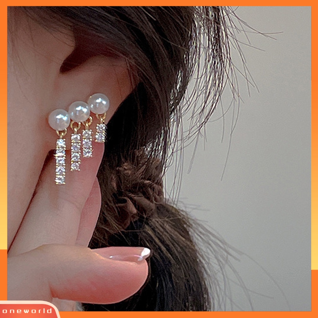 [WOD] 1pasang Ear Studs Elegan Mengkilap Berlian Imitasi Bertatahkan Berkilau Geometris Hias Hadiah Wanita Mutiara Imitasi Rumbai Menjuntai Stud Earrings Perhiasan Untuk Perjamuan