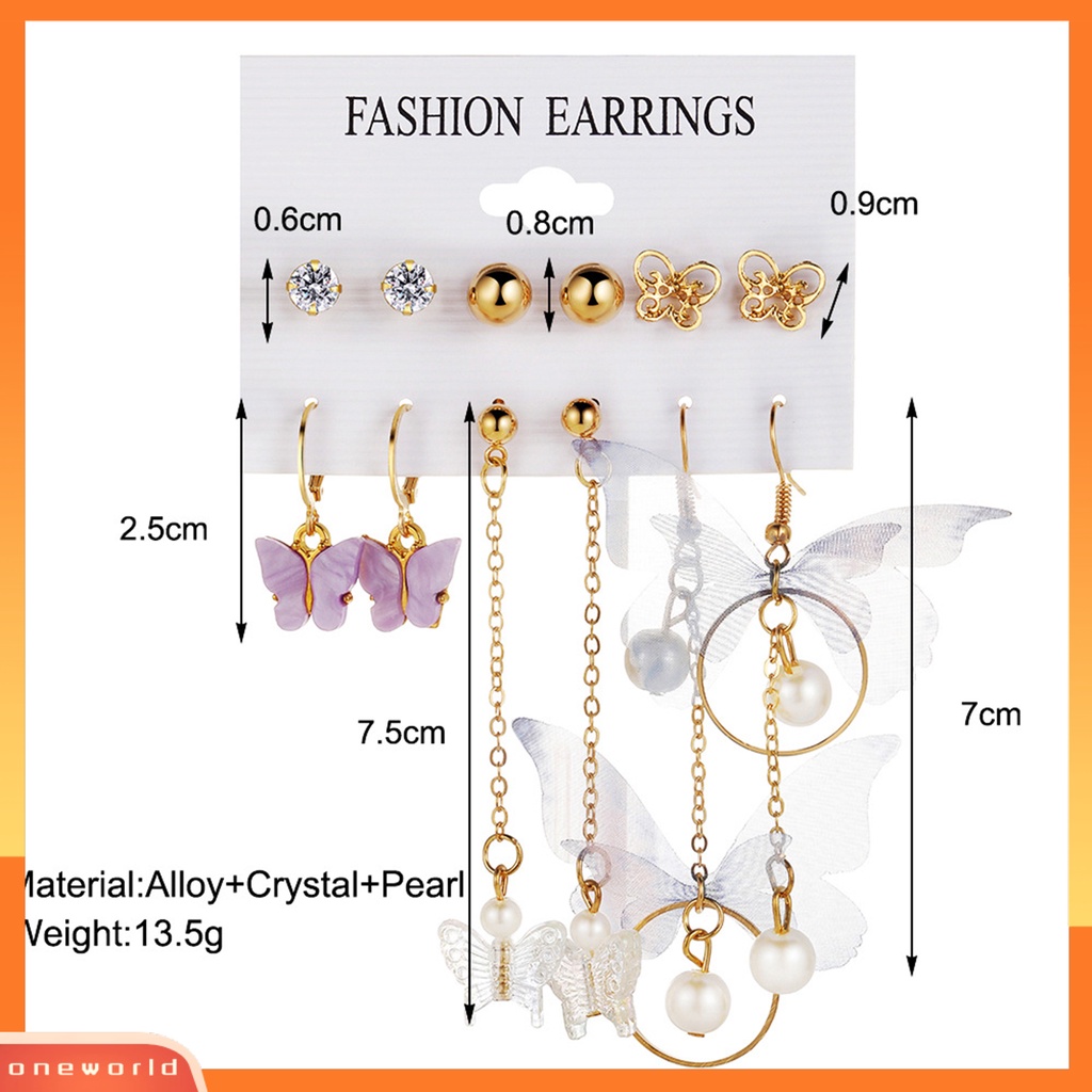 [WOD] 6pasang Anting Menjuntai Rumbai Panjang Berlian Imitasi Mengkilap Asimetris Kilau Terang Semua Pertandingan Dekorasi Hadiah Wanita Kupu-Kupu Mutiara Imitasi Pendant Earrings Ear Studs Untuk Perjamuan