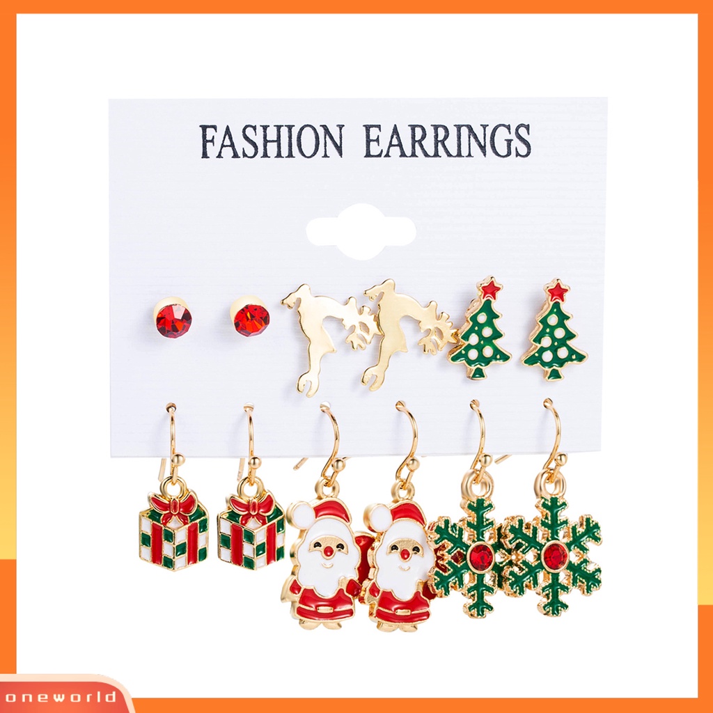 [WOD] 6pasang/set Anting Natal Meriah Enamel Geometris Mengkilap Electroplating Dekorasi Perhiasan Hadiah Pohon Xmas Elk Snowman Santa Claus Ear Studs Menjuntai Earrings