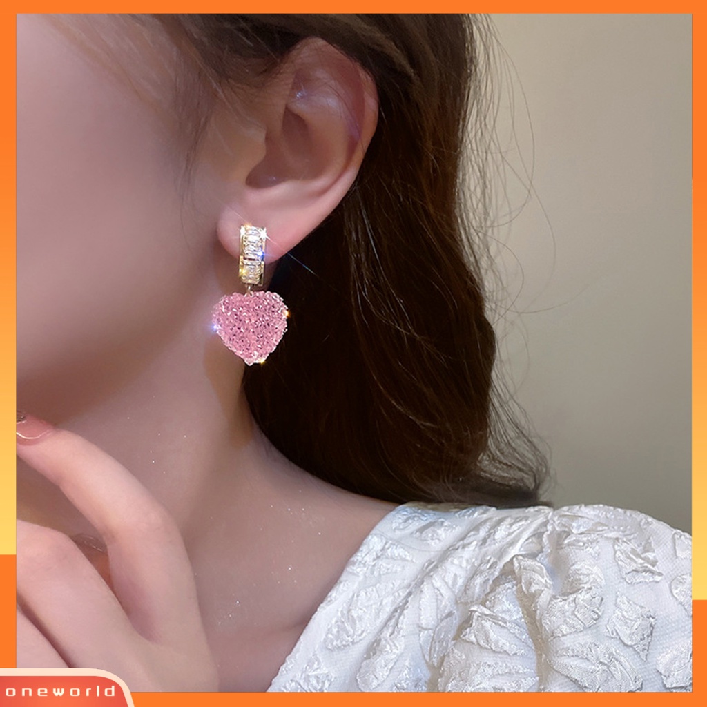 [WOD] 1pasang Anting Menjuntai Shiny Cubic Zirconia Sweet Geometric Anti Luntur Hias Hadiah Ulang Tahun Wanita Pink Fudge Cinta Liontin Stud Earrings Perhiasan Untuk Pacaran