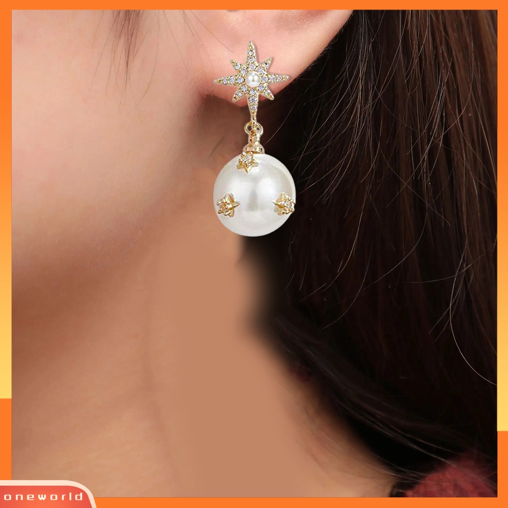 [WOD] 1pasang Anting Menjuntai Shiny Asymmetric Ear Decoration Gaya Korea Anting Temperamen Mutiara Imitasi Bintang Dan Bulan Untuk Pacaran