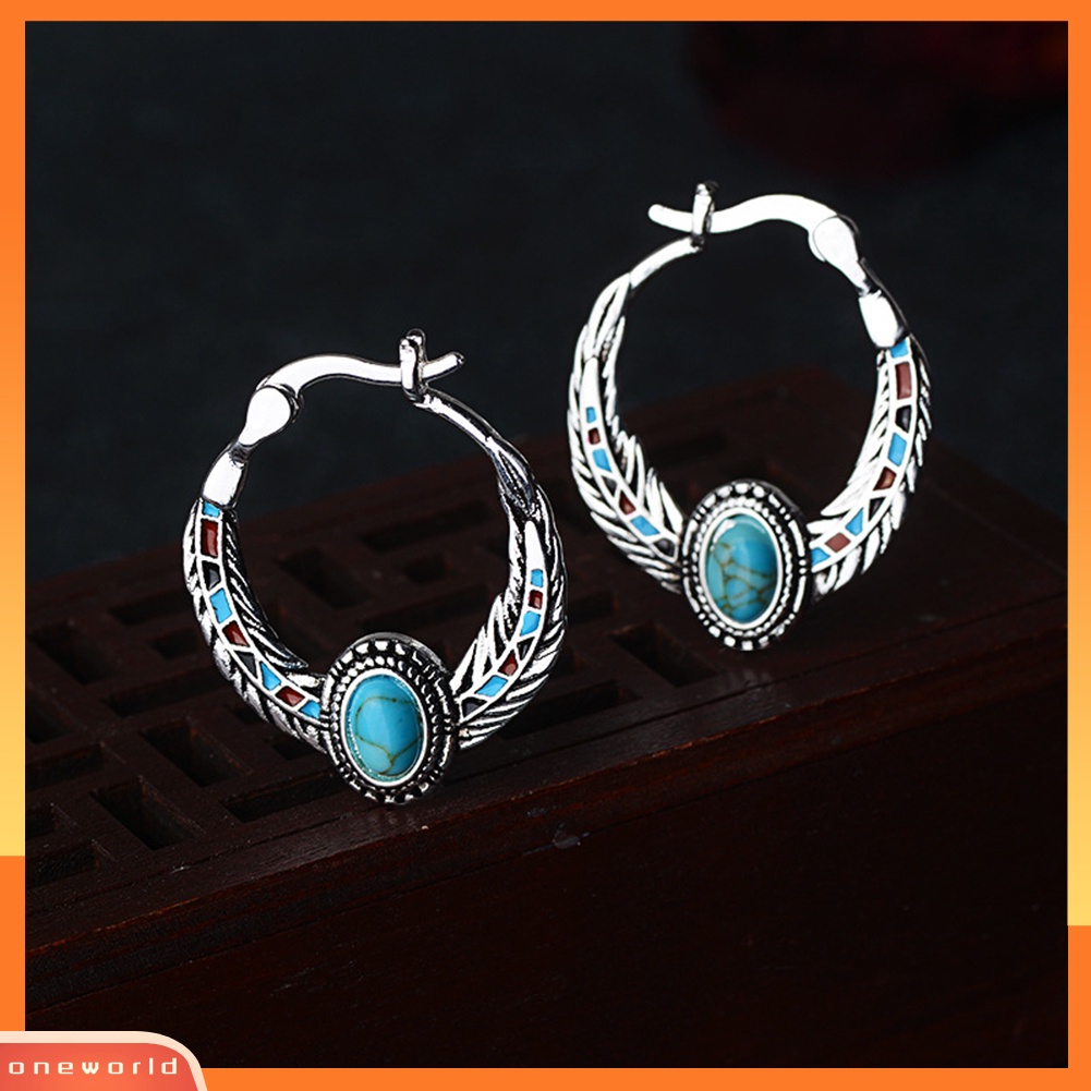 [WOD] Vintage Wanita Faux Turquoise Hias Bulu Menjuntai Hoop Earrings Perhiasan Hadiah