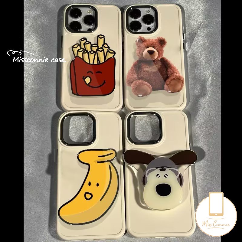 IPHONE Case Bingkai Lensa Logam Plating Warna Solid Sederhana Kompatibel Untuk Iphone7 8 Plus11 14 12 13 Pro MAX X XR XS MAX Soft Cover Dengan Beruang Lucu Puppy Pisang Kentang Goreng Bracket Aksesoris