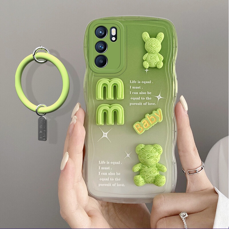 Andyh Desain Baru Untuk OPPO Reno6 4G Case 3D Cute Bear+ Solid Color Bracelet Fashion Premium Gradient Soft Phone Case Silikon Shockproof Casing Pelindung Penutup Belakang