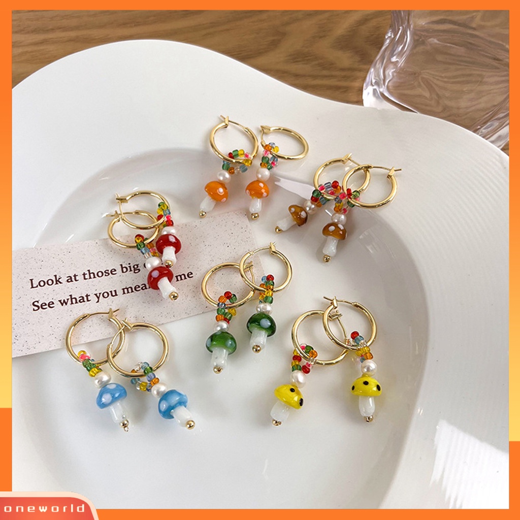 [WOD] 1pasang Anting Wanita Jamur Faux Glaze Alloy Gaya Korea Anting Menjuntai Warna-Warni Untuk Pakaian Sehari-Hari