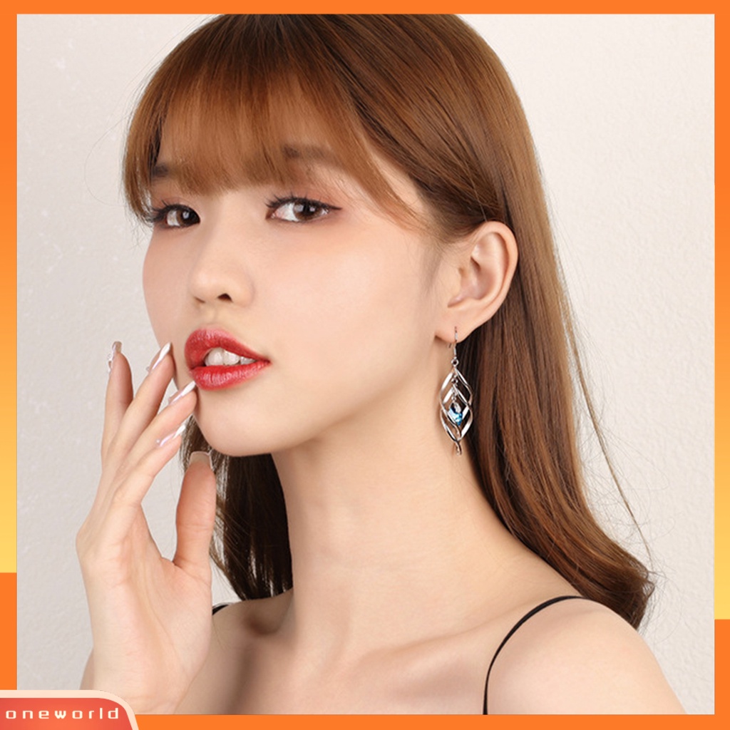 [WOD] 1pasang Wanita Drop Earrings Tahan Lama Kristal Imitasi Belah Ketupat Lapisan Ganda Berongga Keluar Anting Gantung Hadiah