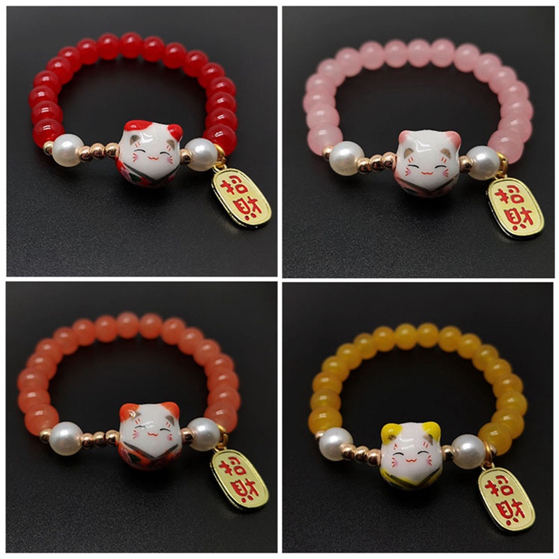 Lucky Cat Stone Beads Bracelet Bangles Sederhana Manis Gelang Keramik Untuk Wanita Gadis Hadiah Ulang Tahun Perempuan Pesona Perhiasan