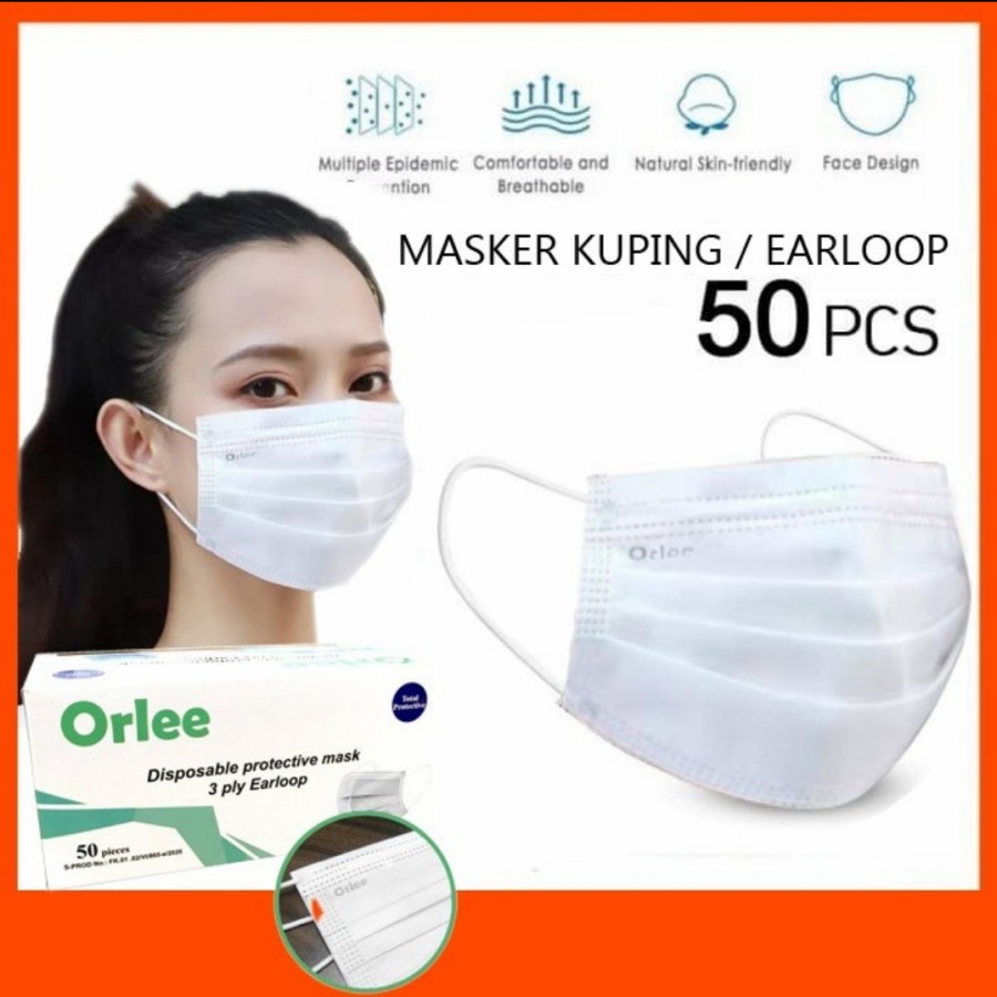 Masker Orlee 3Ply Earloop Bedah Medis 50 Pcs