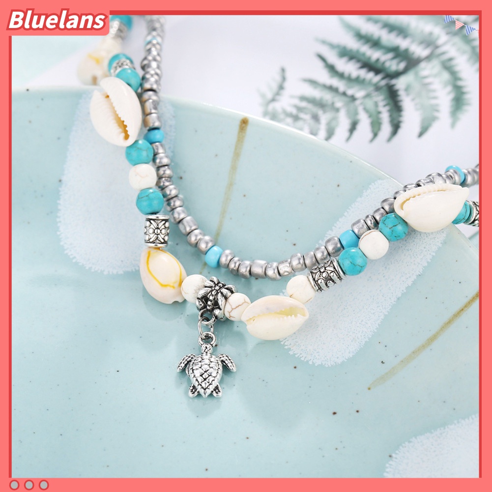 [BLS] Wanita Turtle Charm Faux Turquoise Manik-Manik Lapisan Ganda Gelang Kaki Perhiasan Pantai