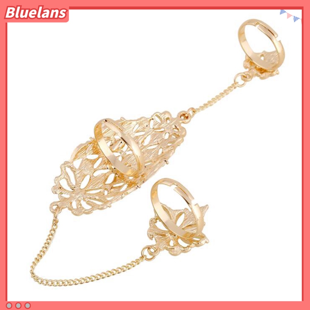 [BLS] Cincin Pembukaan Berlian Imitasi Tertanam Alloy Warna Emas Berlubang-out Leaf Dual Finger Chain Ring Untuk Pacaran