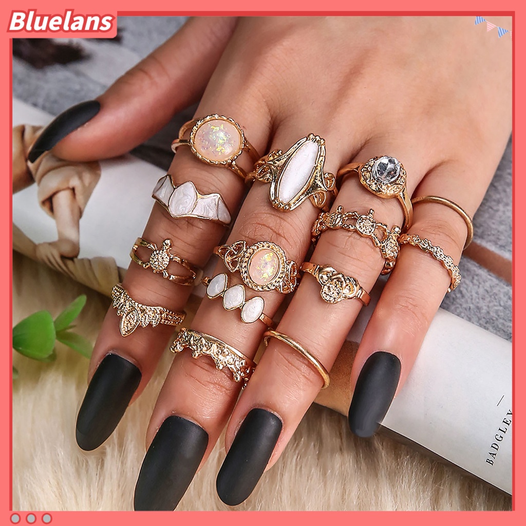 [BLS] 14pcs Hollow Stackable Knuckle Rings Alloy Gaya Etnik Langit Berbintang Permata Imitasi Jari Rings Perhiasan Aksesori