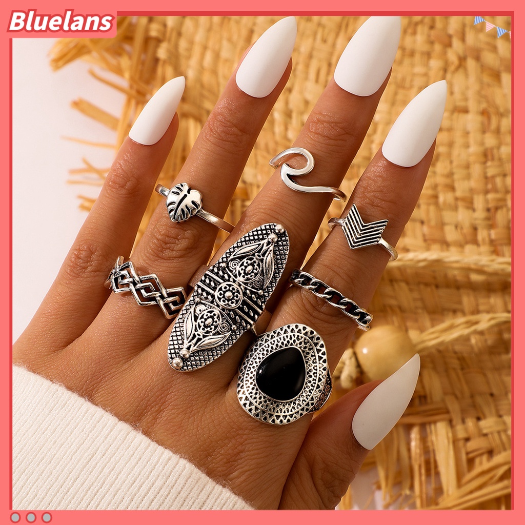 [BLS] 7pcs Cincin Bohemian Wanita Anti Tarnish Geometris Permata Imitasi Jari Cincin Set Perhiasan Untuk Pesta