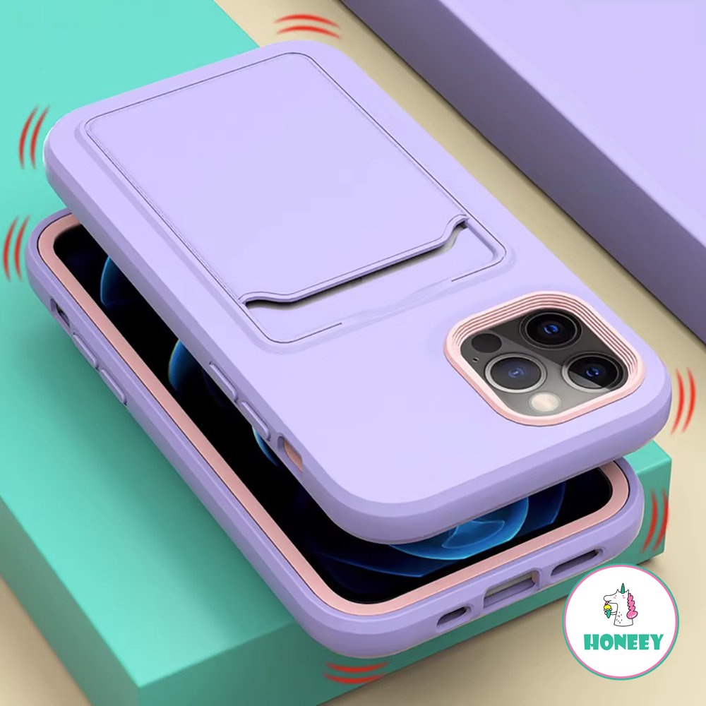 Tas Kartu Warna Kontras Casing Ponsel Untuk iPhone 14 Pro Max11 13 12 Pro XS Max X XR 7 8 Plus Slot Kartu Silikon Shockproof Cover