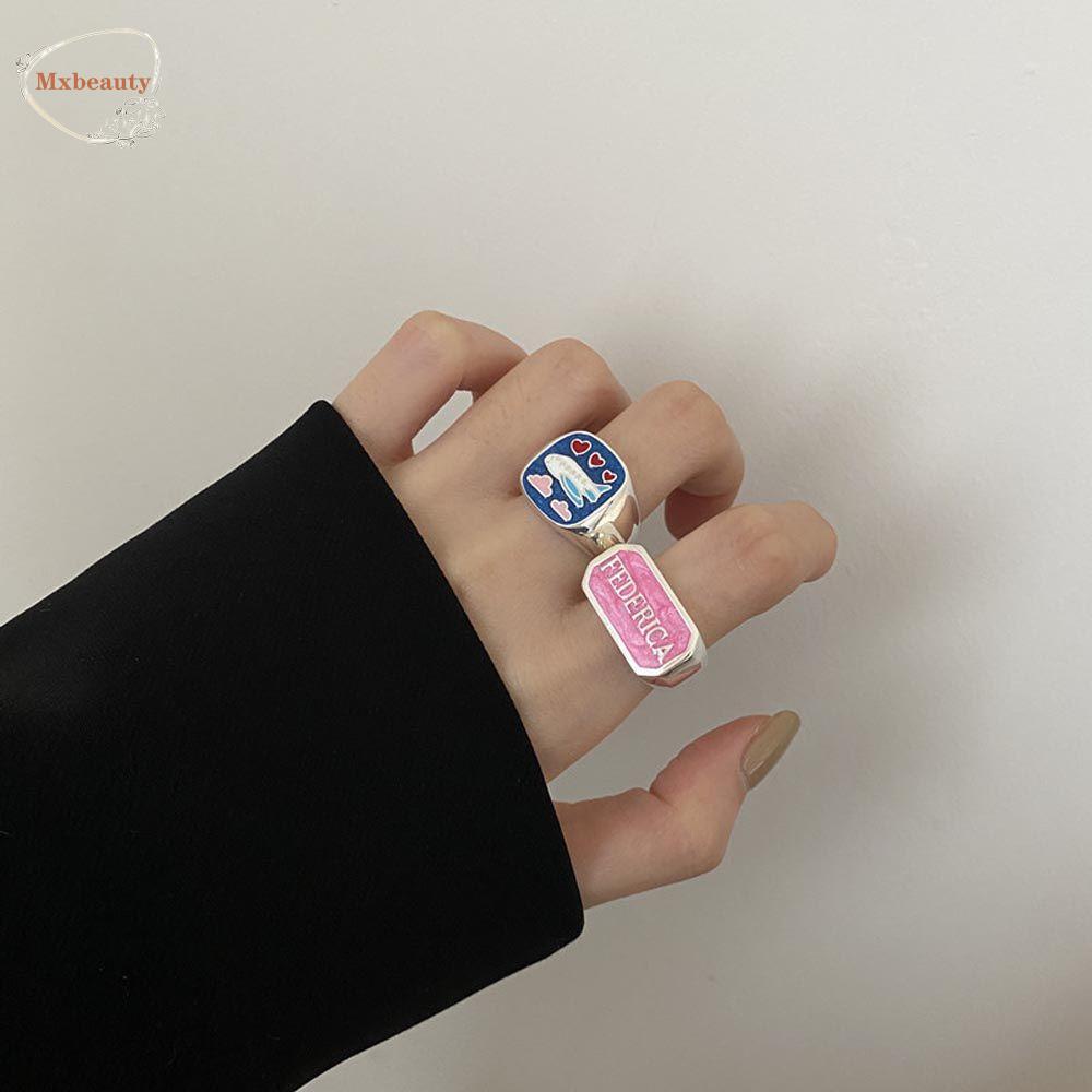 Mxbeauty Wanita Pembukaan Cincin Elegan Vintage Huruf Untuk Cewek Plane Square Knuckles Rings