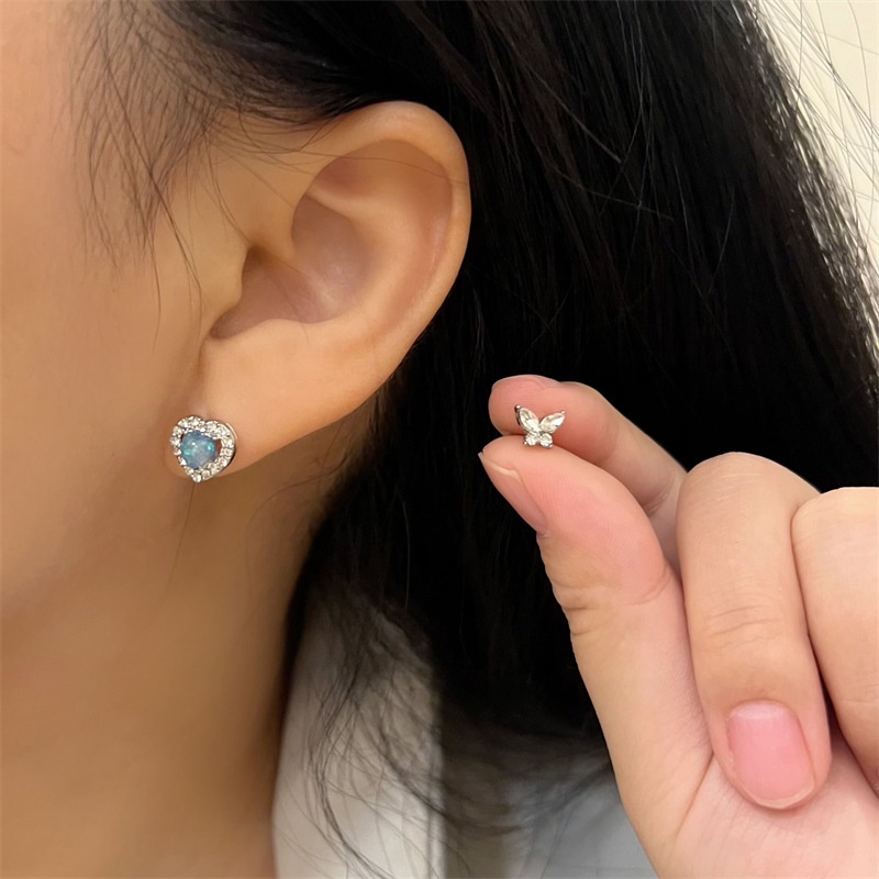 Kami Bunga 2 Pcs Korea S925 Perak Berkilau Zirkon Kupu-Kupu Biru Opal Hati Stud Anting-Anting Untuk Wanita Perempuan Chic Hypoallergenic Tindik Cinta Sekrup Anting-Anting Perhiasan Aksesoris
