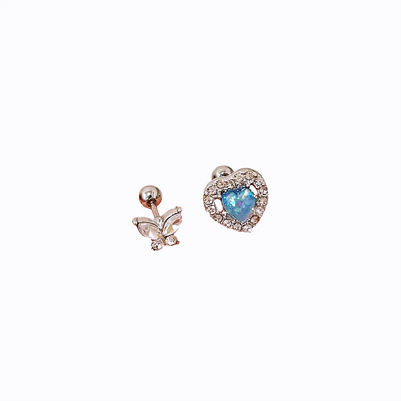 Kami Bunga 2 Pcs Korea S925 Perak Berkilau Zirkon Kupu-Kupu Biru Opal Hati Stud Anting-Anting Untuk Wanita Perempuan Chic Hypoallergenic Tindik Cinta Sekrup Anting-Anting Perhiasan Aksesoris