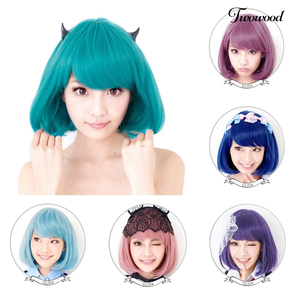 Twowood Kostum Anime Cosplay Lurus Pendek Keriting Rambut Wig Wanita Lovely Bob Sopak