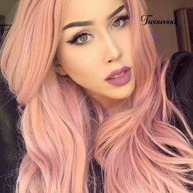 Twowood Pink Belah Tengah Keriting Wig Panjang Rambut Palsu Wanita Cosplay Pesta Sopak