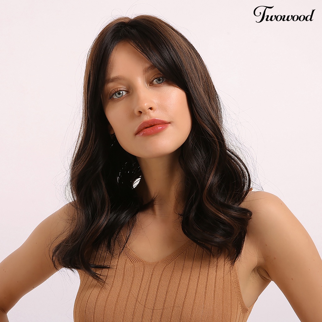 Twowood Fashion Wanita Bergelombang Medium Panjang Lembut Keriting Rambut Wig Cosplay Pesta Sopak Hadiah