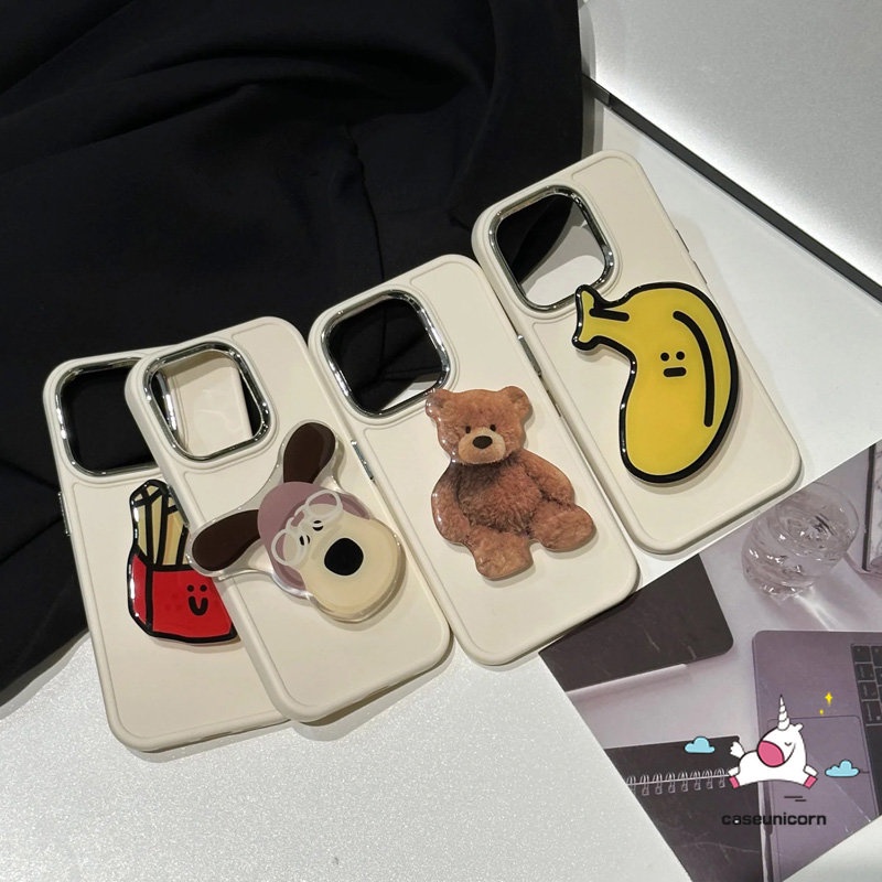 IPHONE Kompatibel Untuk Iphone7 8 Plus XR 11 13 14 12 Pro MAX X XS MAX Warna Solid Bingkai Lensa Logam Plating Sederhana Soft Cover Dengan Kartun Lucu Puppy Bear Fries Pisang Aksesoris Bracket