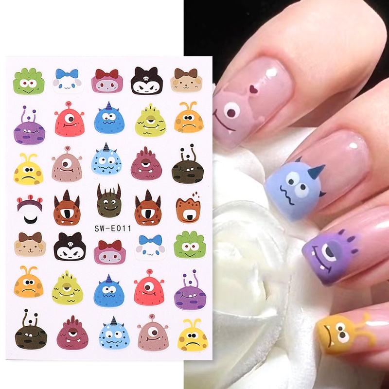 [Unggulan] 1lembar Kartun Lucu Kecil Monster Stiker Kuku Kawaii Mata Besar Transfer Air Kuku Stiker 3D Warna-Warni Perekat Diri Nail Art Slider Tape Manicure Dekorasi