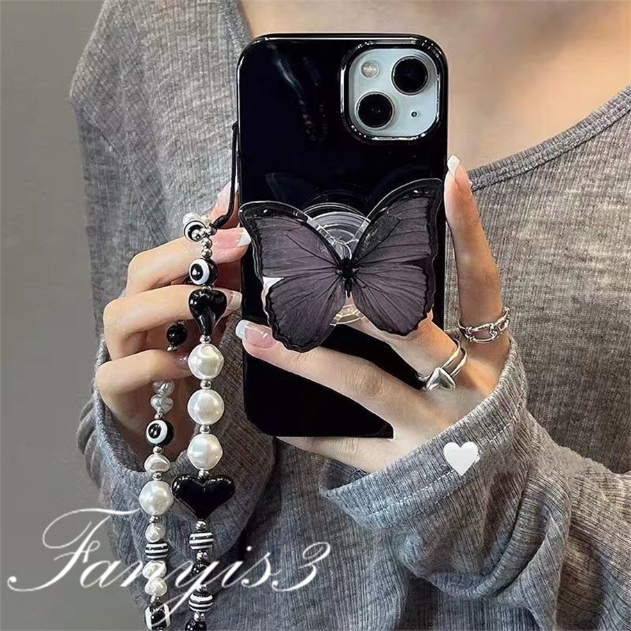 Compatible For iPhone 14 13 12 11 Pro Max X XR Xs Max 8 7 6 6s Plus SE 2020 Kompatibel Untuk Ungu Tua Butterfly Phone Case TPU Silikon Lembut Cover Pelindung Dengan Braket Rantai