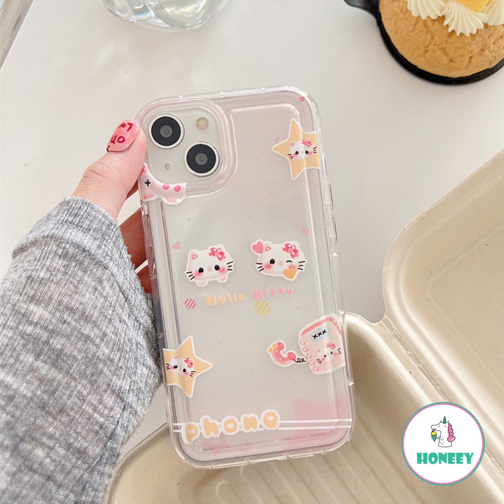 Casing Airbag Kitty Kartun Lucu Untuk iPhone 11 Pro Max12 13 14 Pro Max XR XS 7 8plus Bening Motif Bunga Bintang Penutup Belakang