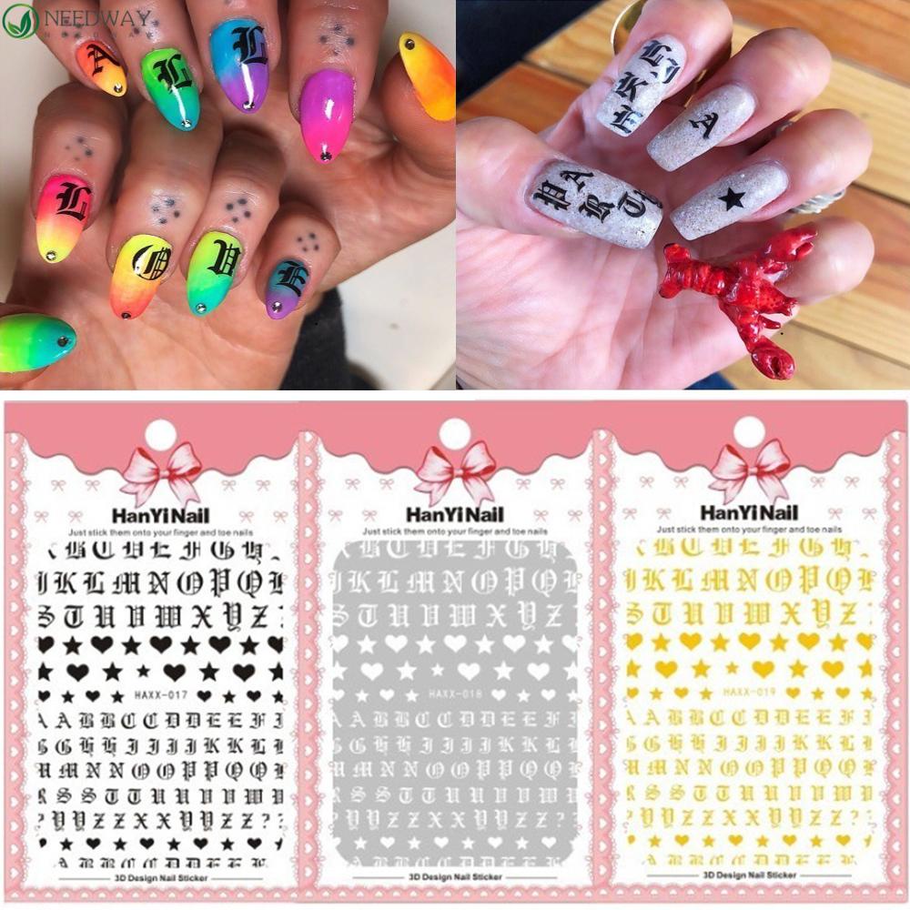 Needway Huruf 3D Nail Art Heart White DIY Dekorasi Kuku Karakter Hitam Lem Kuku Stiker Perekat Diri Foil Kuku