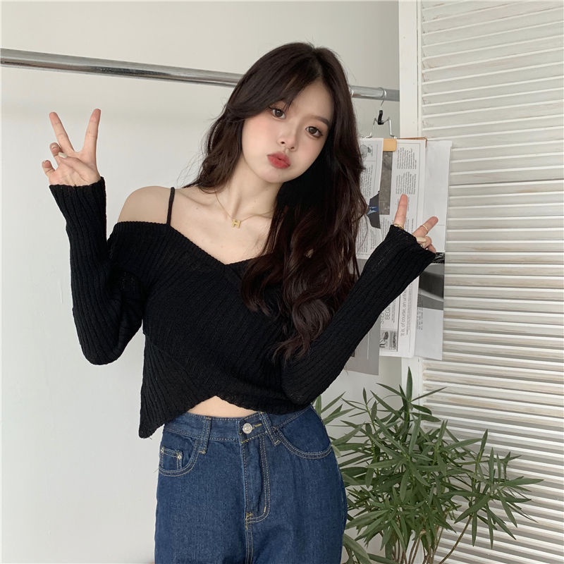 Atasan Wanita Off Shoulder Rajut Polos Lengan Panjang Casual Top