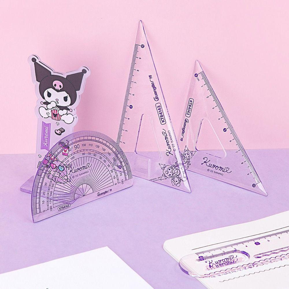 AUGUSTINA Penggaris Segitiga Lurus Kartun Multifungsi Kantor Kuromi Stationery Math Dividing Ruler Siswa Penggaris Lurus Set