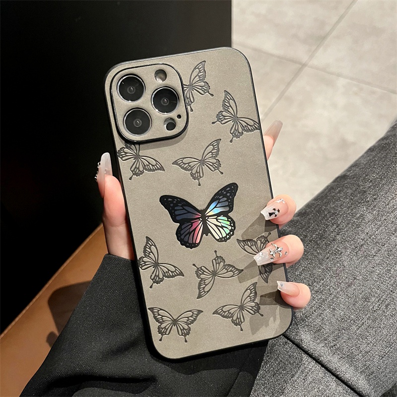 Casing Ponsel Kupu-Kupu Laser Kulit Mewah Untuk Iphone7 8 14 plus X XS XR XSMAX Untuk iPhone 11 12 13 14 Pro max Perlindungan Lensa Ponsel Shockproof Cover Bumper Soft Case