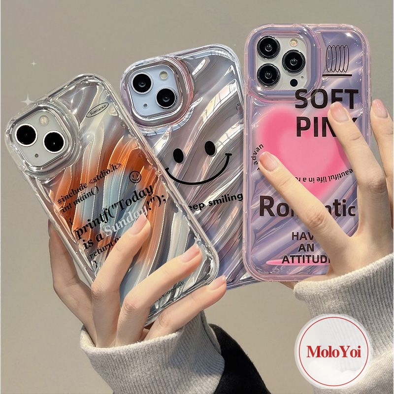 Case Smile Huruf Sederhana Kreatif Kompatibel Untuk IPhone 7Plus XR XS X Max11 14 12 13Pro Max 6 6S 7 8Plus SE 2020 Gradien Cinta Hati Kartu Laser 3D Stereo Korgasi Soft Cover