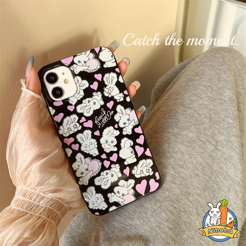 Ins Korea Little White Rabbit Glossy IPhone Case Kompatibel Untuk Iphone14 13 12 11 Pro Max X Xr Xs Max 8 7 6 6s Plus SE 2020 Hitam Shockproof Pembuangan Panas Silikon Soft Case