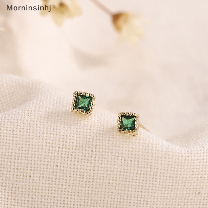 Mornin Earring Stud Anting Tusuk Bentuk Kotak Cubic Zirconia Warna Emerald Untuk Wanita Trendy id