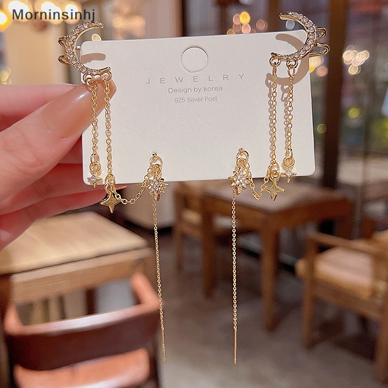 Mornin Fashion Gaya Korea Bintang Bulan Rumbai Anting Untuk Wanita Manset Telinga Keren Perhiasan Rantai Vintage Kristal Earing Hadiah Pesta Ulang Tahun id