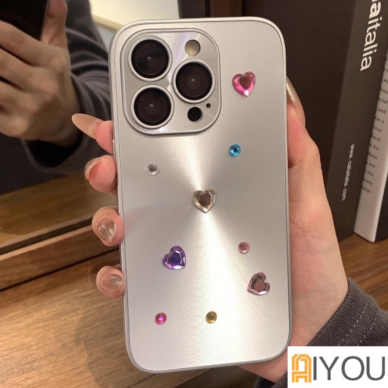 Luxury Laser Case Dengan 3D Mutiara Hati Berlian Imitasi Untuk iPhone 14pro Max13Pro 12 Pro 11motif CD Pelindung Lensa Film PC Hard Ultra Tipis Cover Untuk Iphone14