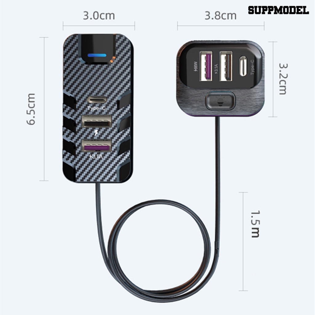 [SM] Car Charger 6port 5V 3.1A 66W Jok Depan Belakang Lampu Warna Warni Kabel Panjang 1.5m Universal USB Type-C Fast Charge Otomotif Charger Perlengkapan Kendaraan