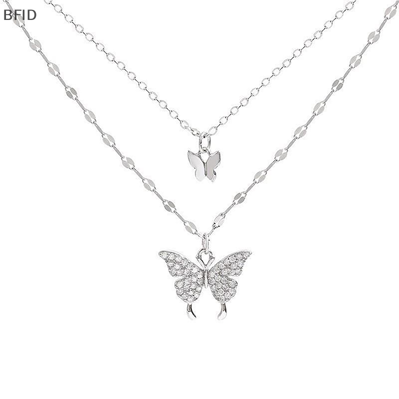 [BFID] Fashion Shiny Butterfly Necklace Ladies Indah Rantai Klavikula Lapisan Ganda Keren Rantai Leher Untuk Wanita Perhiasan Hadiah [ID]