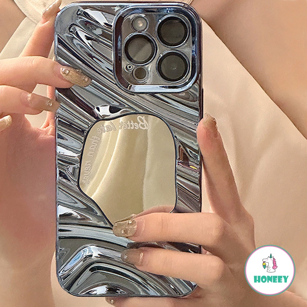 Ins Ripple Air Glossy Disepuh Makeup Mirror Phone Case Kompatibel Untuk iPhone 11 Pro Max13 12 Pro 14promax Fashion Tidak Teratur Penutup Belakang