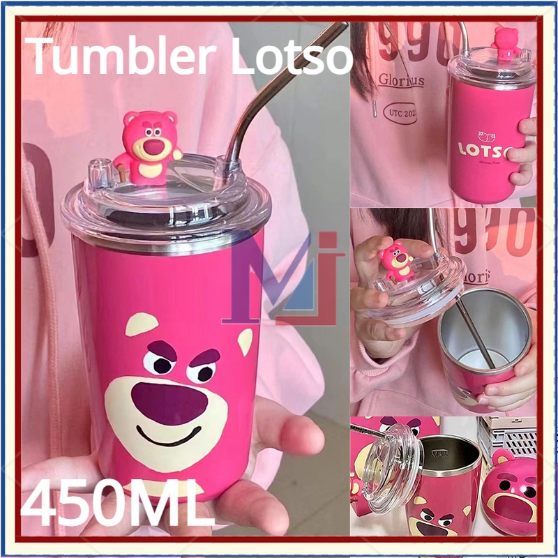 【COD】Strawberry Bear Termos Tumbler Lotso 500ML Strawberry Bear Termos Botol Minum Lotso Dengan Sedotan