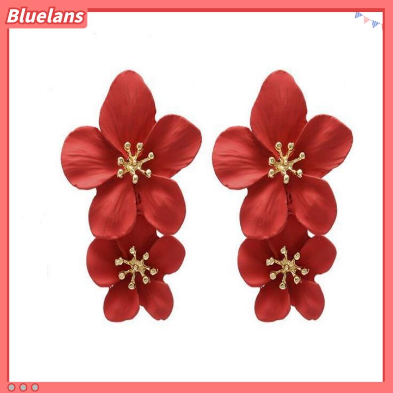 [BLS] Fashion Pribadi Menetes Anting Minyak Selebriti Internet multi-Warna double-layer Bunga stud earrings ing Lima Daun Bunga Anting-Anting