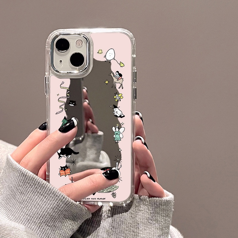 IPHONE Casing Ponsel Cermin Kartun Kompatibel Untuk Iphone11 12 13 14 12Pro 13Pro 14Pro Pro Max XR X XS Max Electroplating Tombol Perlindungan Mirror Cover