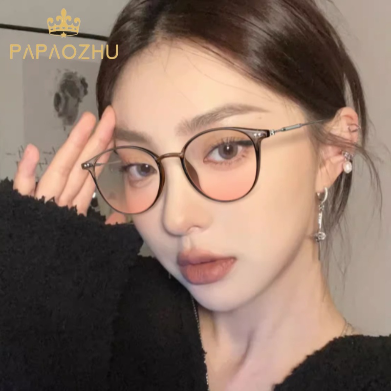 Papaozhu Trendy Selebriti Cyber Bingkai Bulat Kecantikan Blush Eyeglasses Untuk Wanita Perempuan Chic Makeup Eyewear Outdoor Fashion Glasses Ornaments