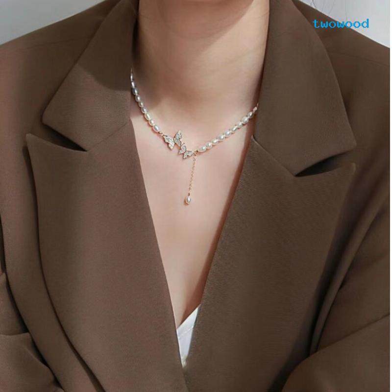 Twowood Fashion Mutiara Kalung Cahaya Mewah Berlian Minor Kupu-Kupu Pendek Choker Klavikula Rantai