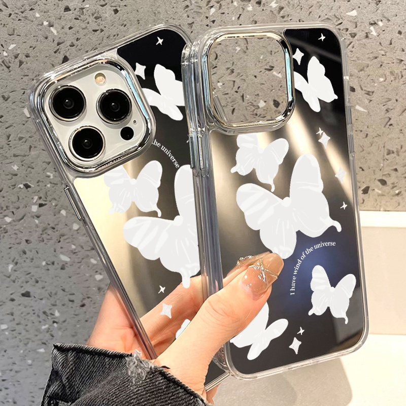 IPHONE Fantasy Casing Ponsel Cermin Kupu-Kupu Kompatibel Untuk Iphone11 12 13 14 12Pro 13Pro 14Pro Pro Max XR X XS Max Electroplating Tombol Perlindungan Mirror Cover